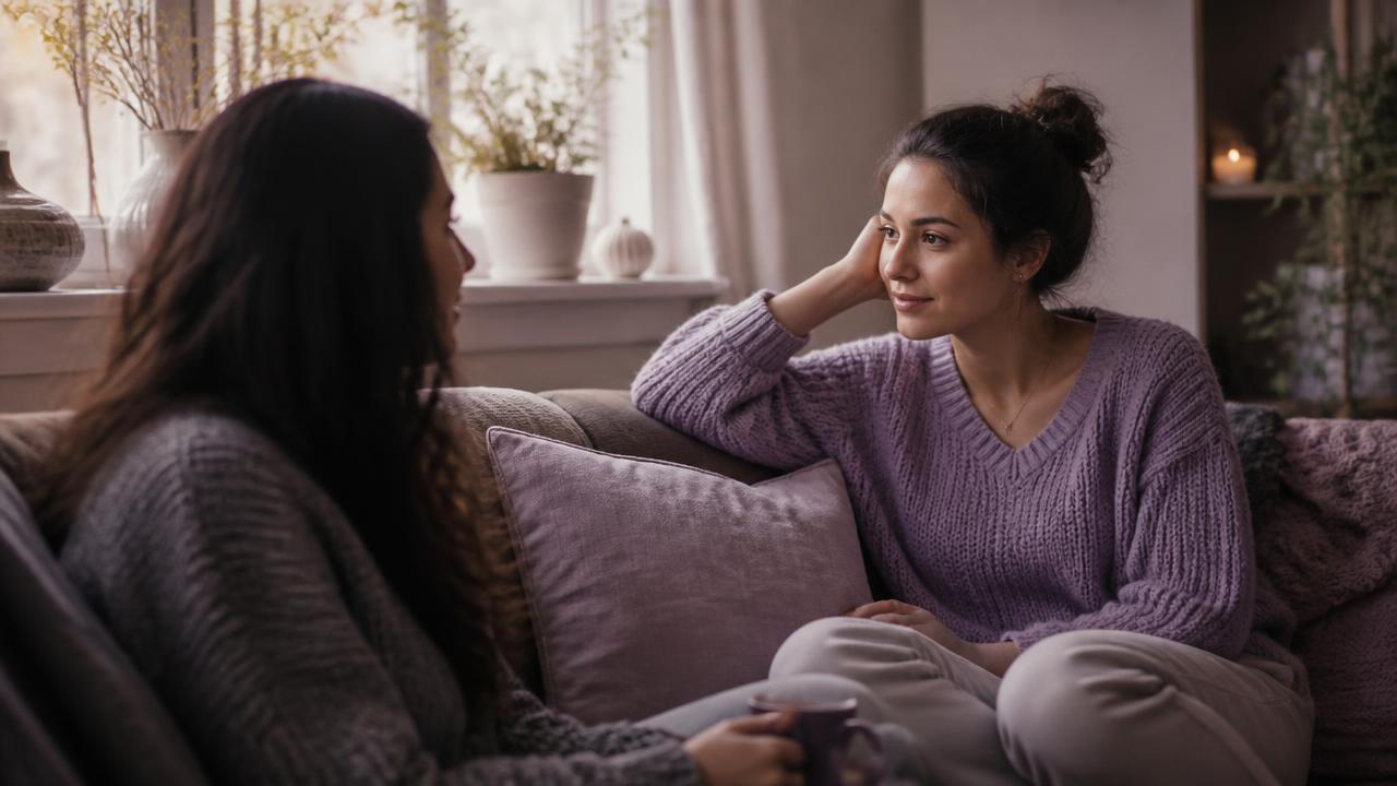 Two people in a relaxed conversation on a sofa in soft natural light